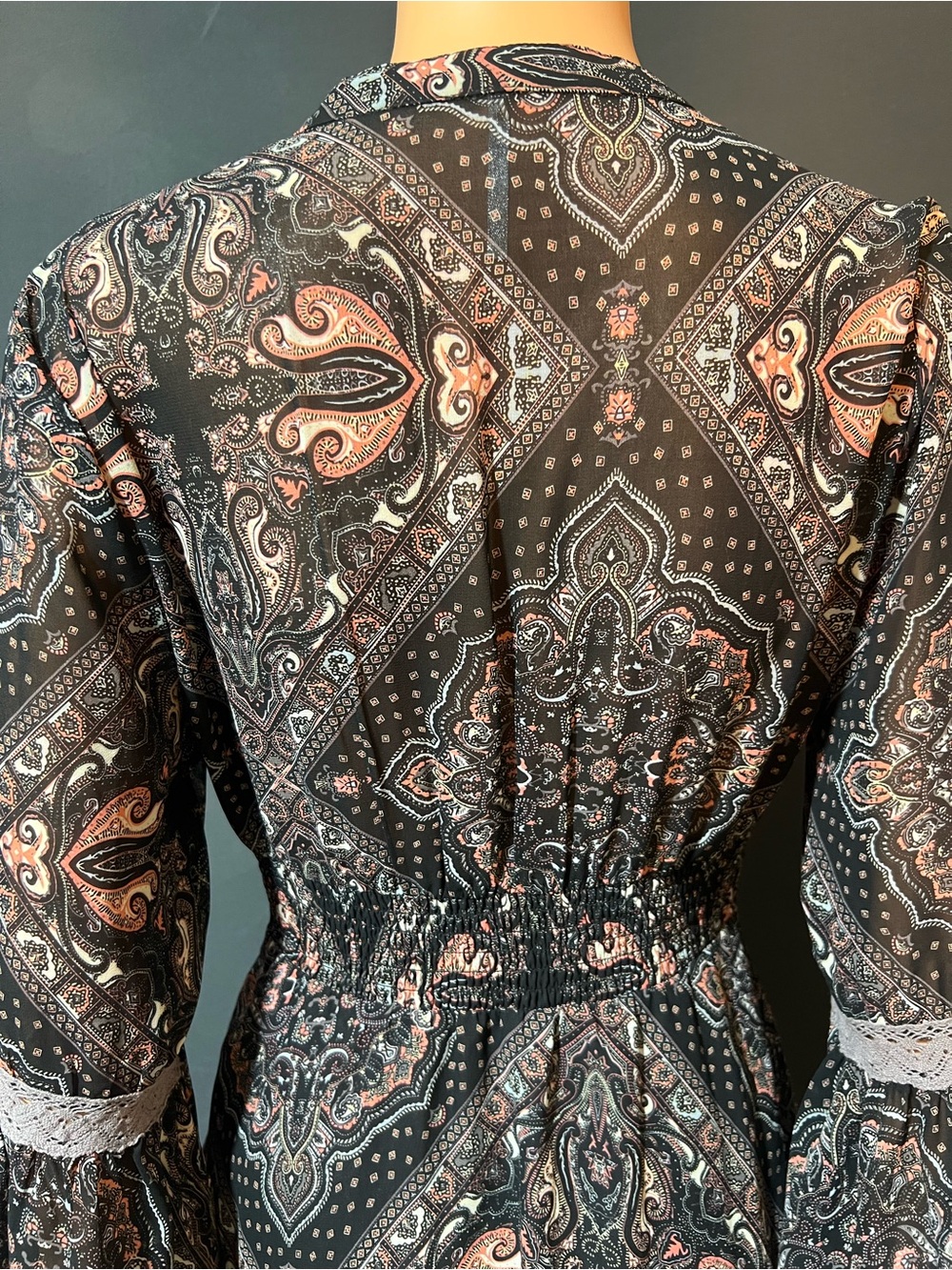 Free People Black and Blush Paisley V-Neck Mini Dress - Picture 5 of 8